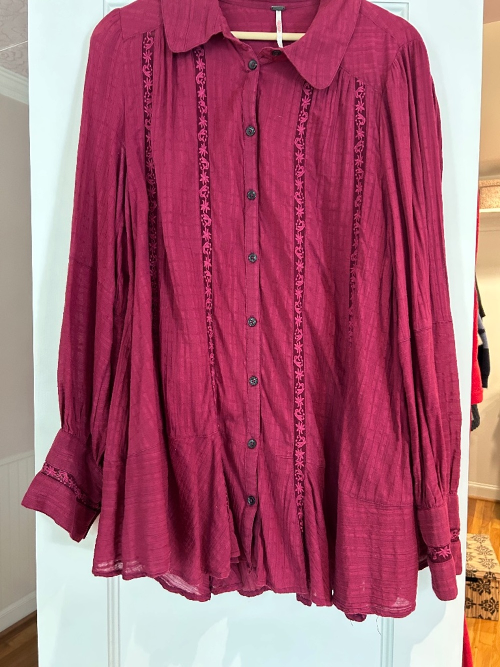 Free People Hot Pink Embroidered Button Front Tunic Blouse Size L